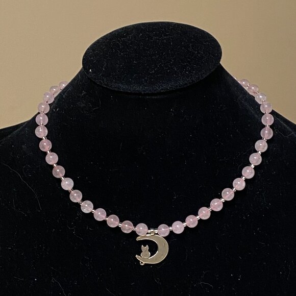 Pink Genuine Gemstone Rose Quartz Silver Cat on the Moon Beaded Short Necklace - Picture 3 of 11